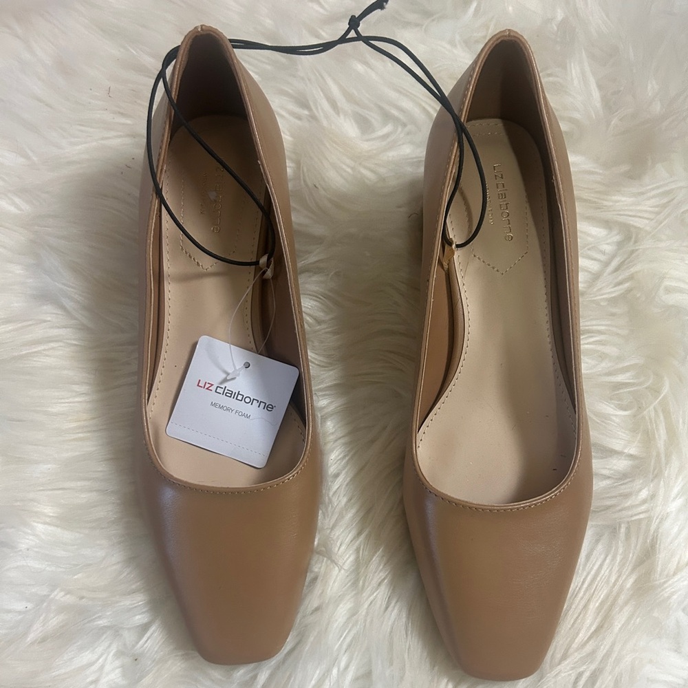 Liz Claiborne Women’s Nude Tan Pumps – Memory Foam, Square Toe